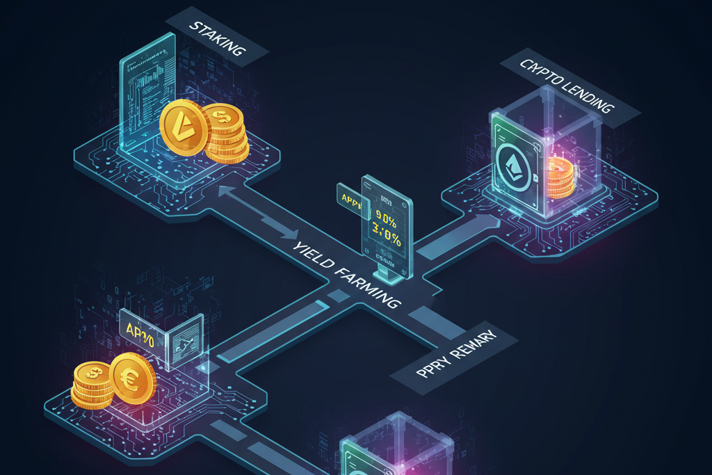 Staking, yield farming, lending